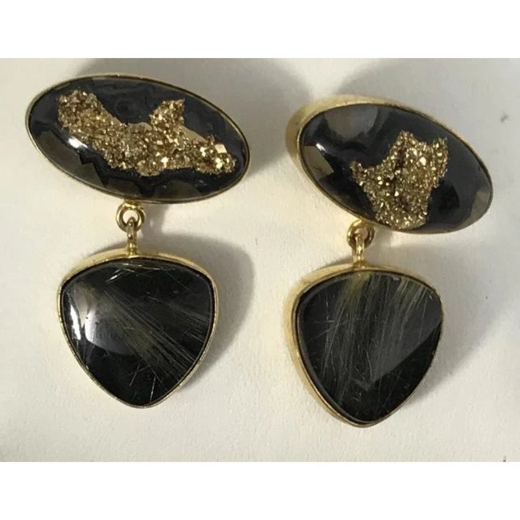 14 kt gold dust earrings druzy and rutilated quartz. Spectacular